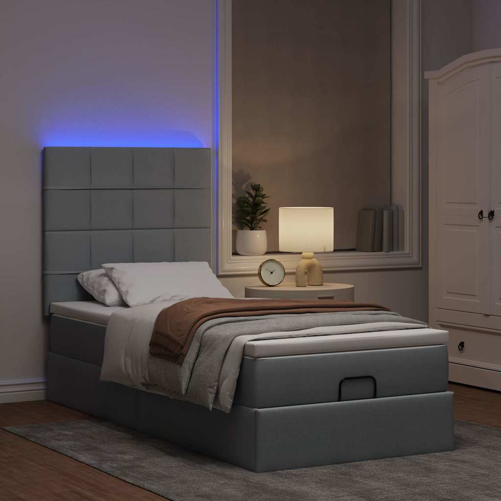 Osmanų lova su čiužiniu ir LED šviesiai pilkas 90x200cm audinys